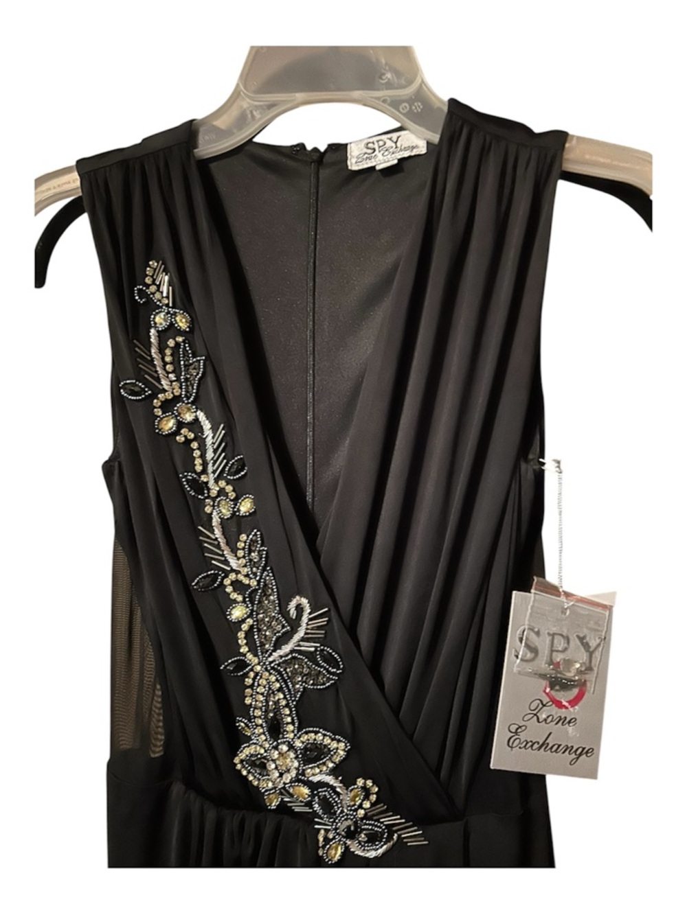 Elegant NWT Black Evening Maxi Dress with Silver Embellished V-Neck - Picture 3 of 3